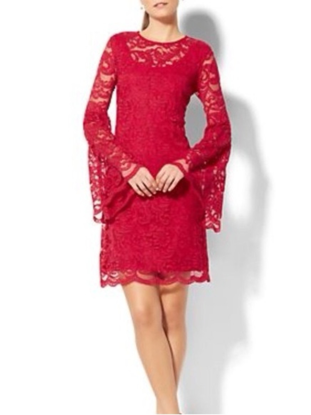 New York & Company Red Lace Bell-Sleeve Shift Dress